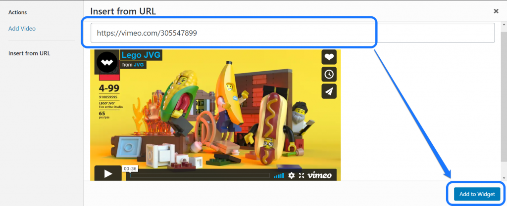 Inserindo o URL do vídeo e apontando para o botão Adicionar ao widget na janela Biblioteca de mídia