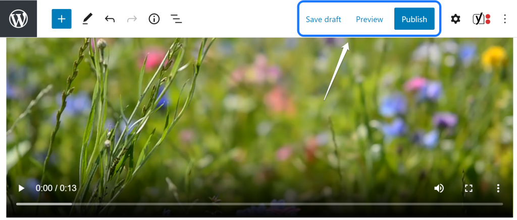 Apontando para os botões Salvar rascunho, Visualizar e Publicar no editor de páginas do WordPress