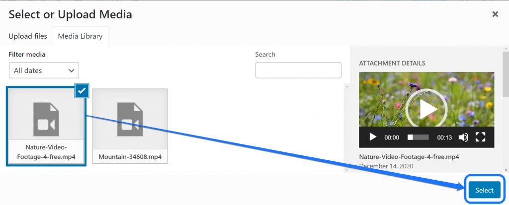 Selecionando o vídeo da Biblioteca de Mídia e apontando para o botão Selecionar dentro de uma janela no WordPress