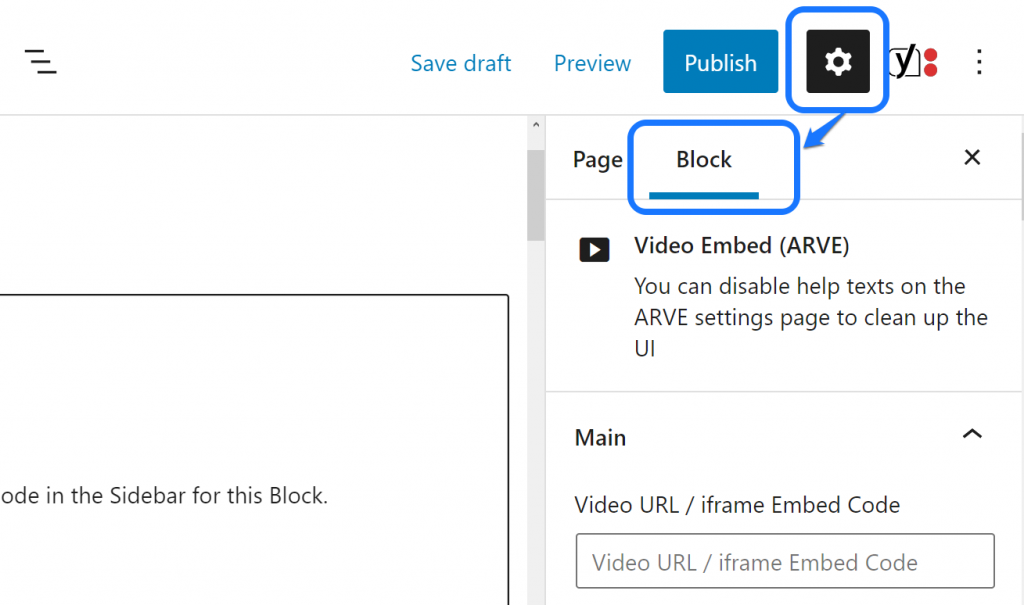 Apontando para a seção Bloco dentro da barra lateral direita no editor de páginas do WordPress