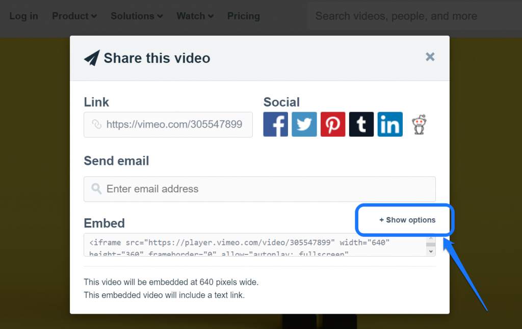 Apontando para o botão Mostrar opções em uma janela pop-up do Vimeo