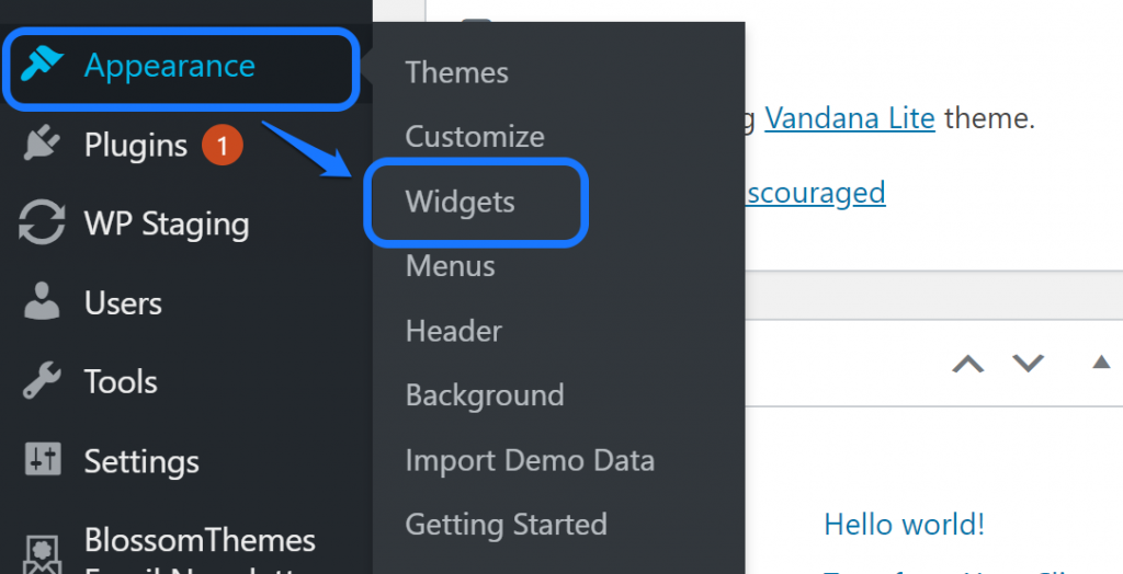 Apontando para o botão Widgets dentro do menu suspenso de Aparência no WordPress