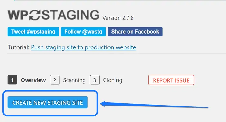 Apontando para o botão Create New Staging Site dentro do painel do plugin WP Staging