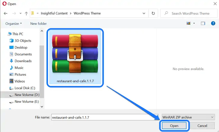 Selecionando o arquivo .zip do tema do seu disco rígido e apontando para o botão Abrir
