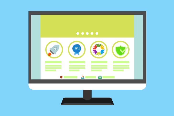 Um design gráfico exibindo um site dentro de uma tela de computador
