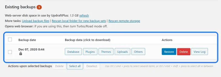 Destacando os arquivos de backup gerados pelo plugin UpdraftPlus WordPress