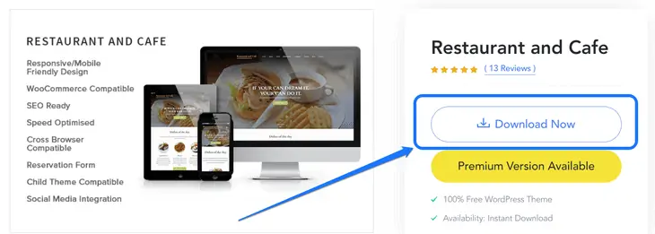 Apontando para o botão Download Now da página de vendas do plugin Restaurant and Cafe