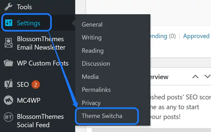 Apontando para o plugin Theme Switcha dentro da opção Configurações na barra lateral do WordPress