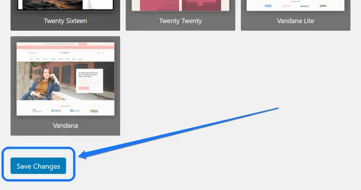 Apontando para o botão Save Changes situado na parte inferior do painel do plugin Theme Switcha