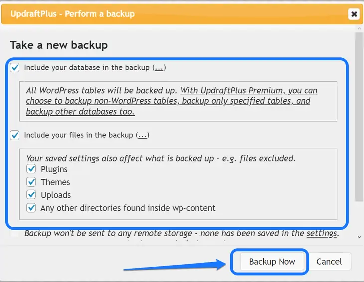 Destacando as opções de ajuste do plugin WordPress UpdraftPlus