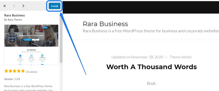 Apontando para o botão Instalar na parte superior da página de visualização do tema selecionado no WordPress