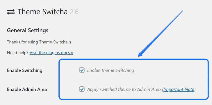 Apontando para as opções Enable Switching e Enable Admin Area no painel do plugin Theme Switcha