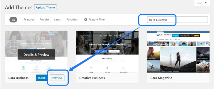 Apontando para o botão Visualizar do seu tema WordPress desejado na página Adicionar temas