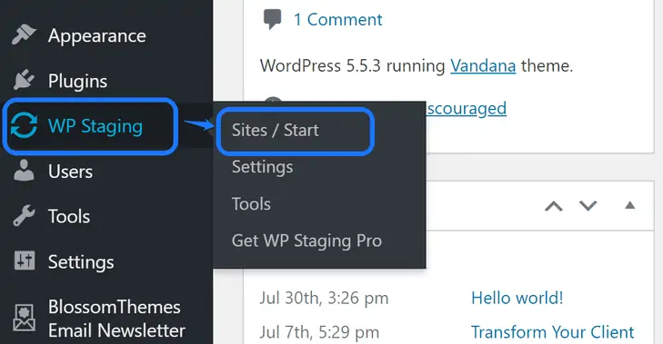 Apontando para o botão Sites_Start dentro da opção WP Staging na barra lateral do WordPress.png