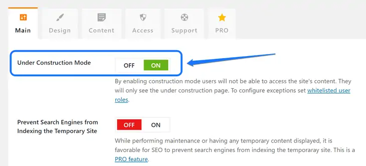 Apontando para a configuração de ajuste para habilitar o Modo Em Construção no WordPress