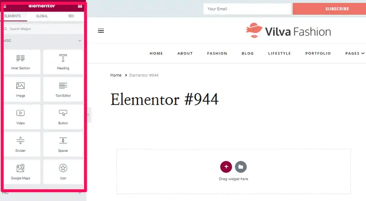 opções de edição no Elementor