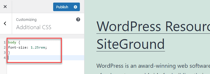 alterando o tamanho da fonte usando CSS personalizado