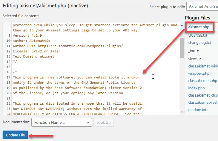 atualizar o arquivo do editor de plug-ins
