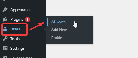 WordPress dashboard.png'deki tüm kullanıcılar seçeneği