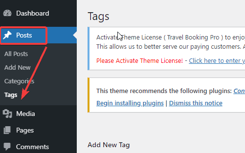WordPress kontrol panelinde Etiketler seçeneği