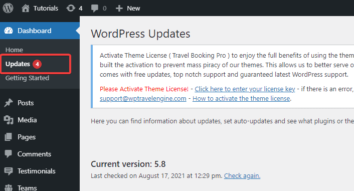 Aktualisieren des Designs und der Plugins im WP-Dashboard