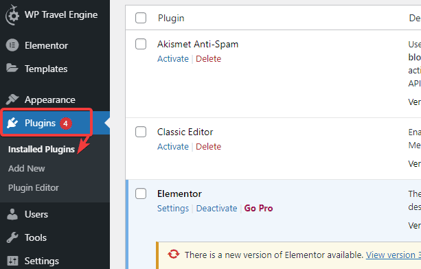 Plugin-Bereich auf dem Dashboard
