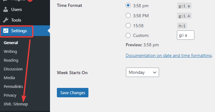 Gehen Sie zur XML-Sitemap-Plugin-Option in WordPress