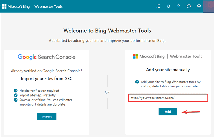 Geben Sie die Website-URL in Bing Webmaster ein