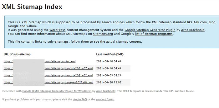 Vorschau der vom Google XML-Sitemap-Plug-in generierten Sitemap
