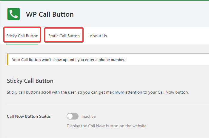zwei Optionen zum Konfigurieren des WP Call Buttons