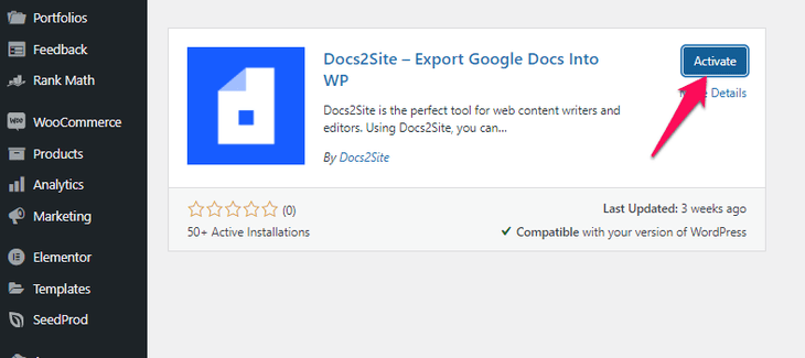 Installation und Aktivierung des docs2site-Plugins