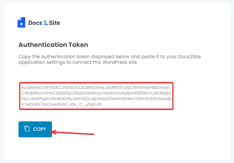 Kopieren des Authentifizierungscodes aus dem Docs2Site-Plugin