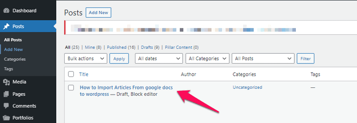 Überprüfung des exportierten Beitrags auf WordPress