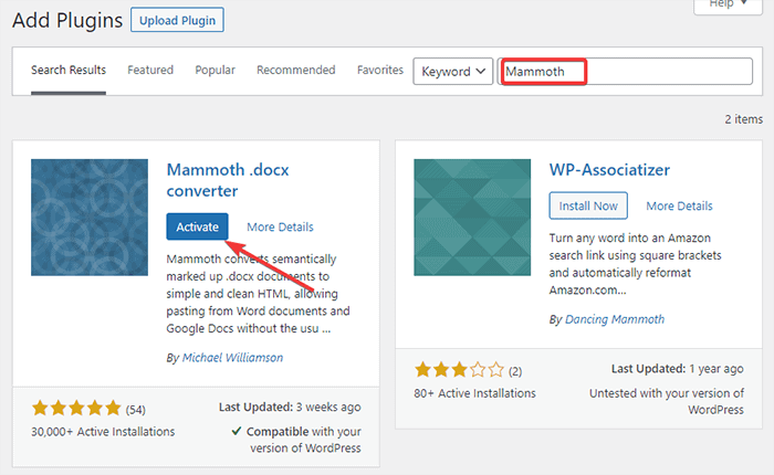 Installieren und Aktivieren des Mammoth .docs-Konverter-Plugins