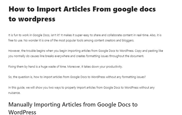 Vorschau des Inhalts in WordPress nach dem Export