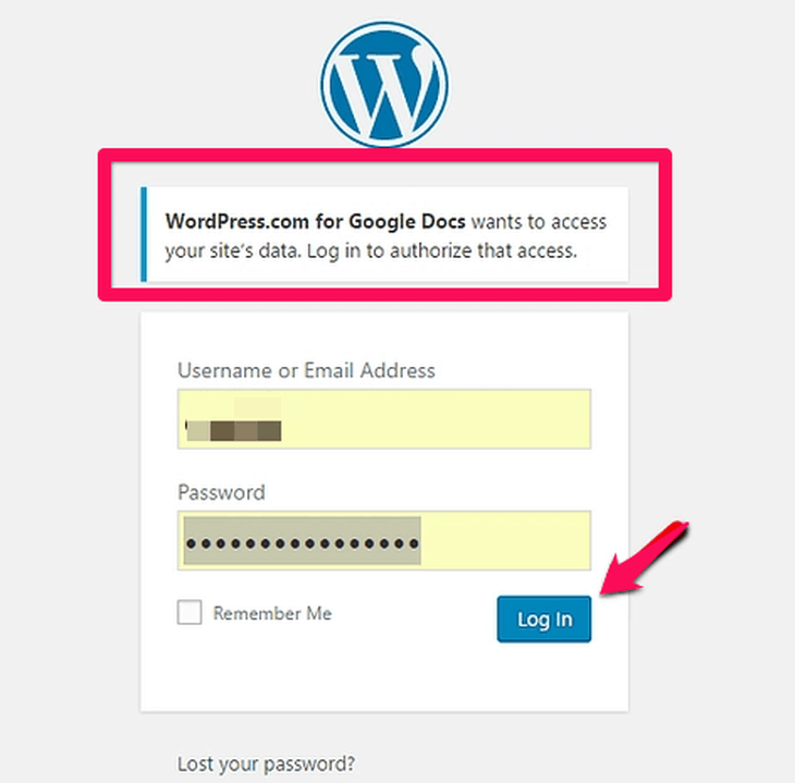 sich bei WordPress anmelden, um Zugriff auf das Add-on zu gewähren