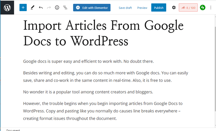 Beispiel für das Kopieren und Einfügen von Inhalten aus Google Docs in WordPress