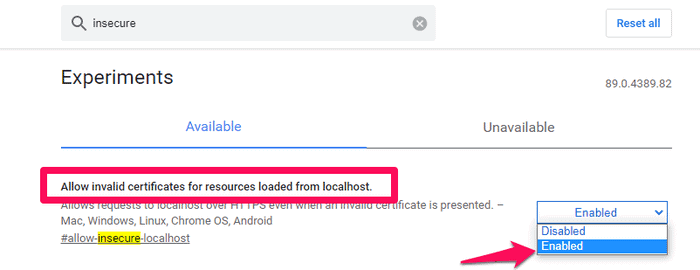 ungültige Zertifikate von localhost zulassen