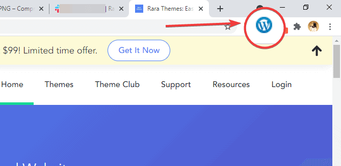 ไอคอนส่วนขยาย WordPress Theme Detector บนแถบเครื่องมือ