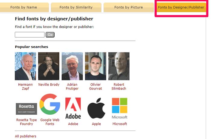 encontrar fuentes por diseñador o editor