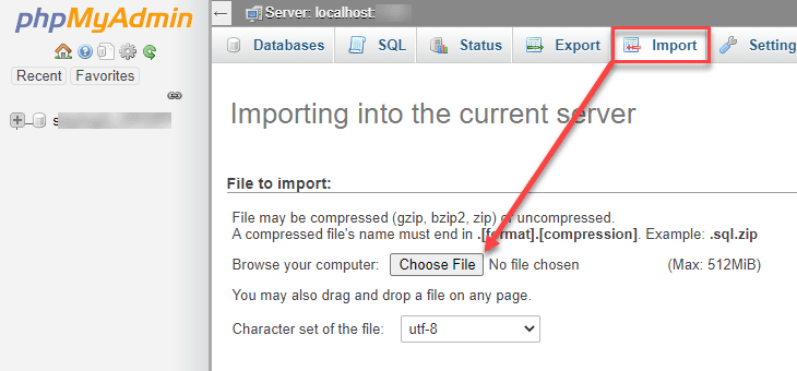 Wählen Sie Datenbank importieren aus cpanel