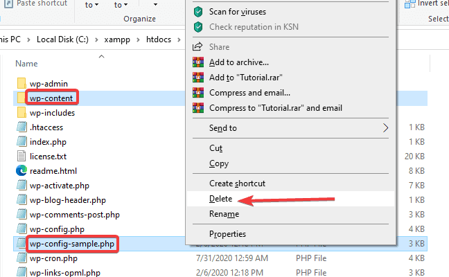 การลบไฟล์ wp-content และ wp-config-sample ใน WordPress