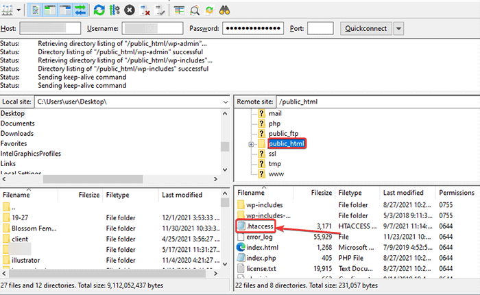 ค้นหาไฟล์ .htaccess โดยใช้ ftp