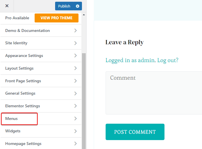 Opzione menu sul personalizzatore