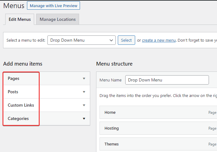 vari elementi che puoi aggiungere al menu in WordPress