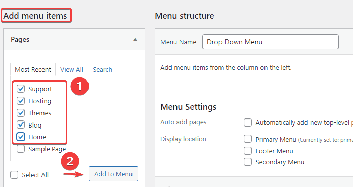 aggiungi pagine al menu in WordPress