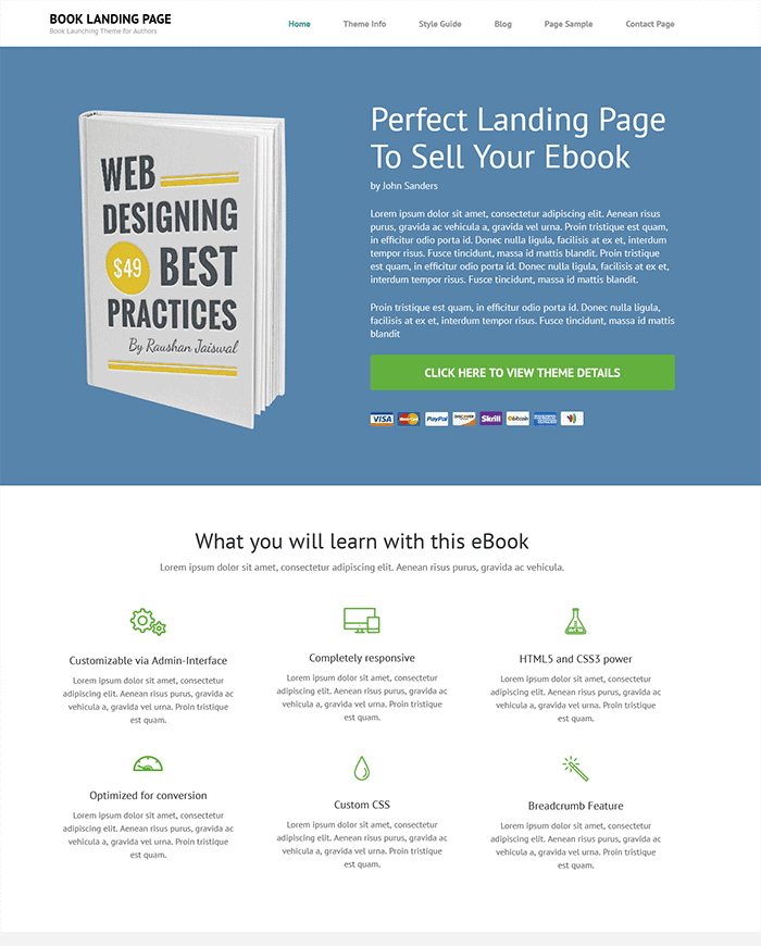 Pagina di destinazione del libro Tema WordPress gratuito