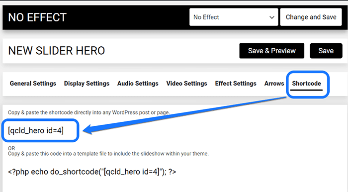 Señalando el código abreviado proporcionado por el complemento Slider Hero WordPress