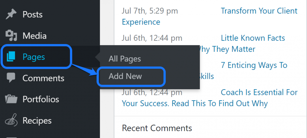 Señalando el botón Agregar nuevo dentro del menú desplegable de la opción Páginas en WordPress