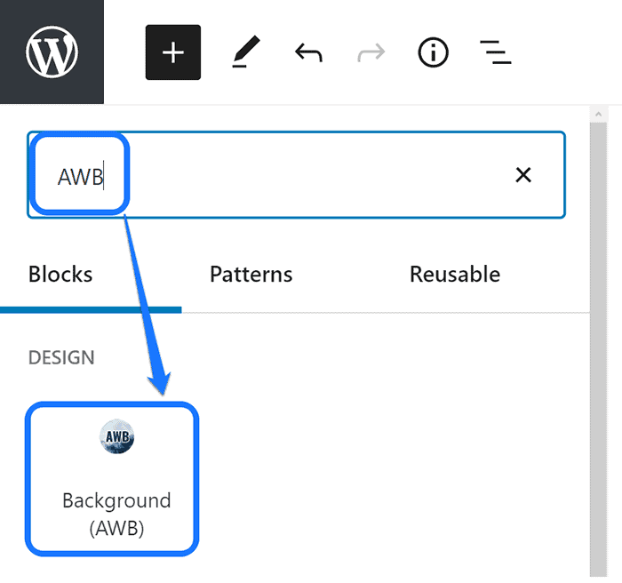 Seleccionando el bloque Fondo (AWB) en la interfaz de edición de WordPress